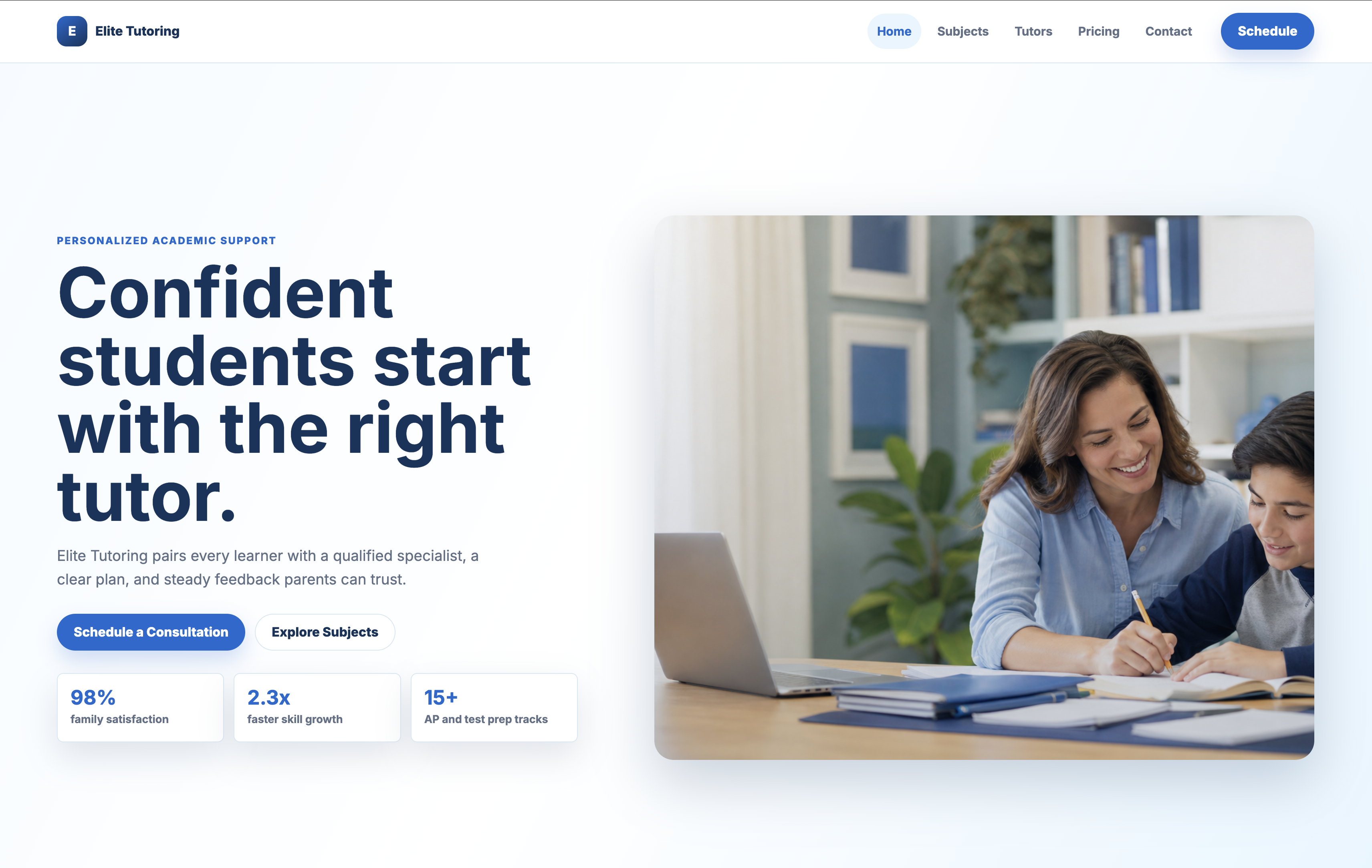 Elite Tutoring demo website screenshot